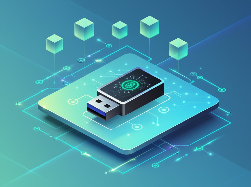 Crypto hardware wallet on a USB stick for secure digital asset storage.