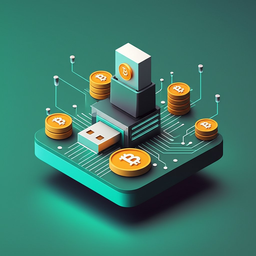 USB Bitcoin miner connected to a laptop. Assessing profitability for crypto.